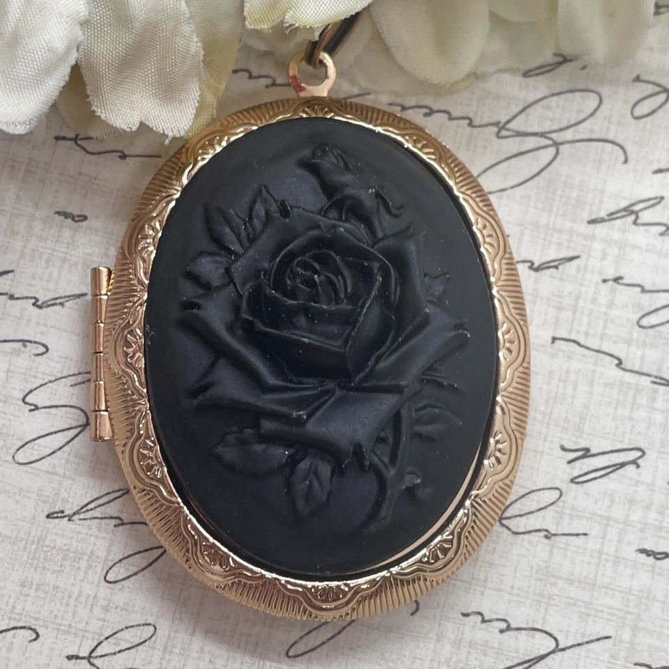 Collar medallón de boda gótico negro bruja camafeo oro rosa regalo vikingo Foto 2 de 4