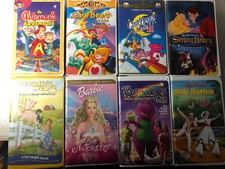 8 Kid’s VHS Movie Lot Barney Barbie Care Bears Chipmunks Mary Poppins +