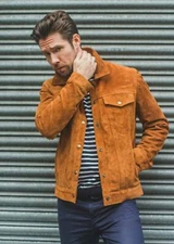 Men's Brown Real Suede Leather Trucker Jacket American Western Denim Style NF