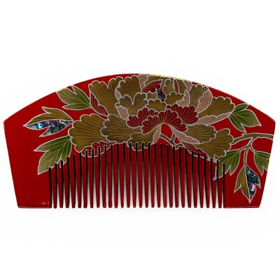 VTG Japanese Red Floral Lacquer Wood Kushi Kanzashi Hair Ornament : Sept23-D