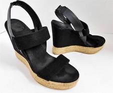 Tory Burch Black Leather Fabric Espadrille Wedges 7 M