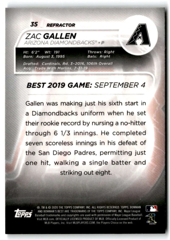 2020 Bowman's Best Refractor #35 ZAC GALLEN  RC Rookie Arizona Diamondbacks  - Image 2 of 2