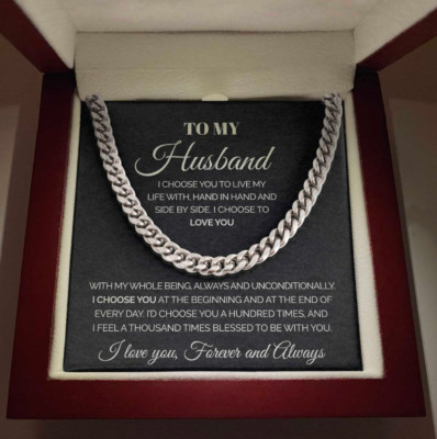 To My Husband Cuban Link Necklace Message anniversary birthday gift for him