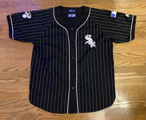 black baseball jersey with white pinstripes