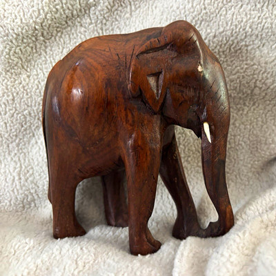 Vintage African Hand Carved Wood Elephant Figurine with tusks