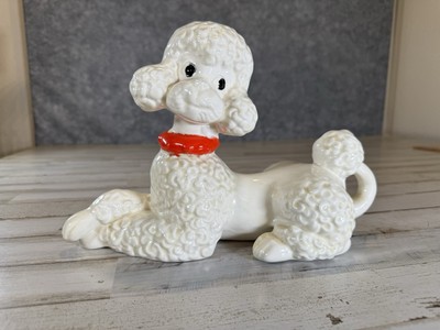 Vintage Large White Ceramic Happy Poodle Red Collar~Atlantic Mold