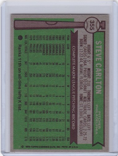 1976 Topps Baseball Card #355 Steve Carlton Philadelphia Phillies - NrMt-Mt - Picture 2 of 2