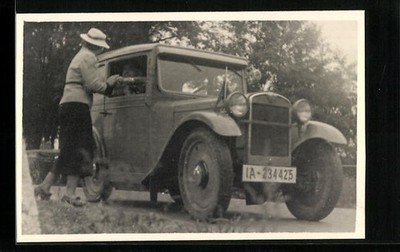 Photo Postcard BMW Car on a dirt road, License Plate IA-234425 