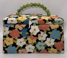 VTG 1960’S PADDED SEWING BOX BASKET FLOWERS GREEN BEADED HANDLE WITH NOTIONS