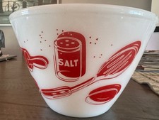 RARE FIRE KING MIXING BOWL KITCHEN AIDS 5.”5 Red White Rolling Pin, Whisk, Salt