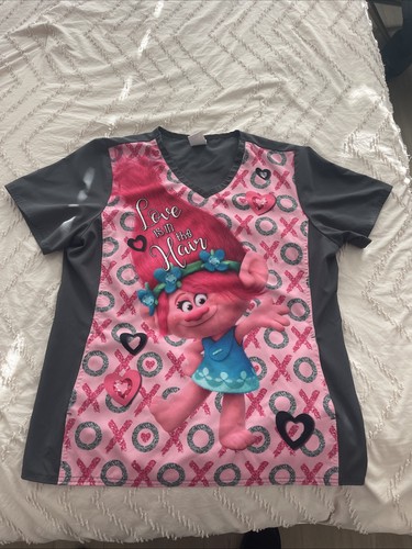 Cherokee Tooniforms Trolls Poppie Love Is In The Air Scrub Top V-Neck Size LARGE - Picture 1 of 9