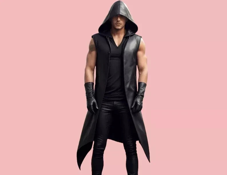 Men Hooded Long Coat Genuine Lambskin Leather Black Handmade