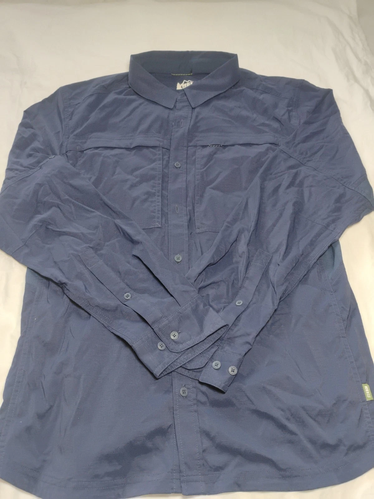 REI Co-Op Hiking Shirt Mens Medium Navy Blue Button Up Vented Long Sleeve