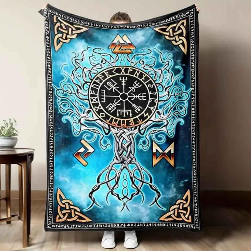 Manta polar de franela temática vikinga - runas nórdicas y manta geométrica Foto 2 de 4