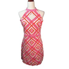 Gretchen Scott Halter Mini Dress Womens L Pink Orange Geometric Keyhole Resort