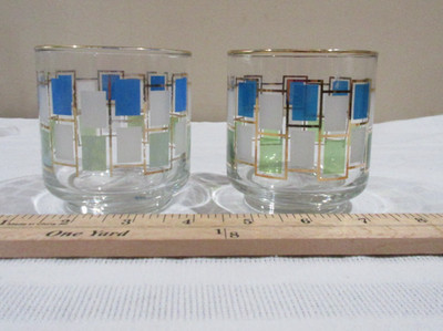 Vtg. Lot of 2 Libbey Glass Tumblers 8 oz MCM Nordic Blue & Green Geometric Rect.