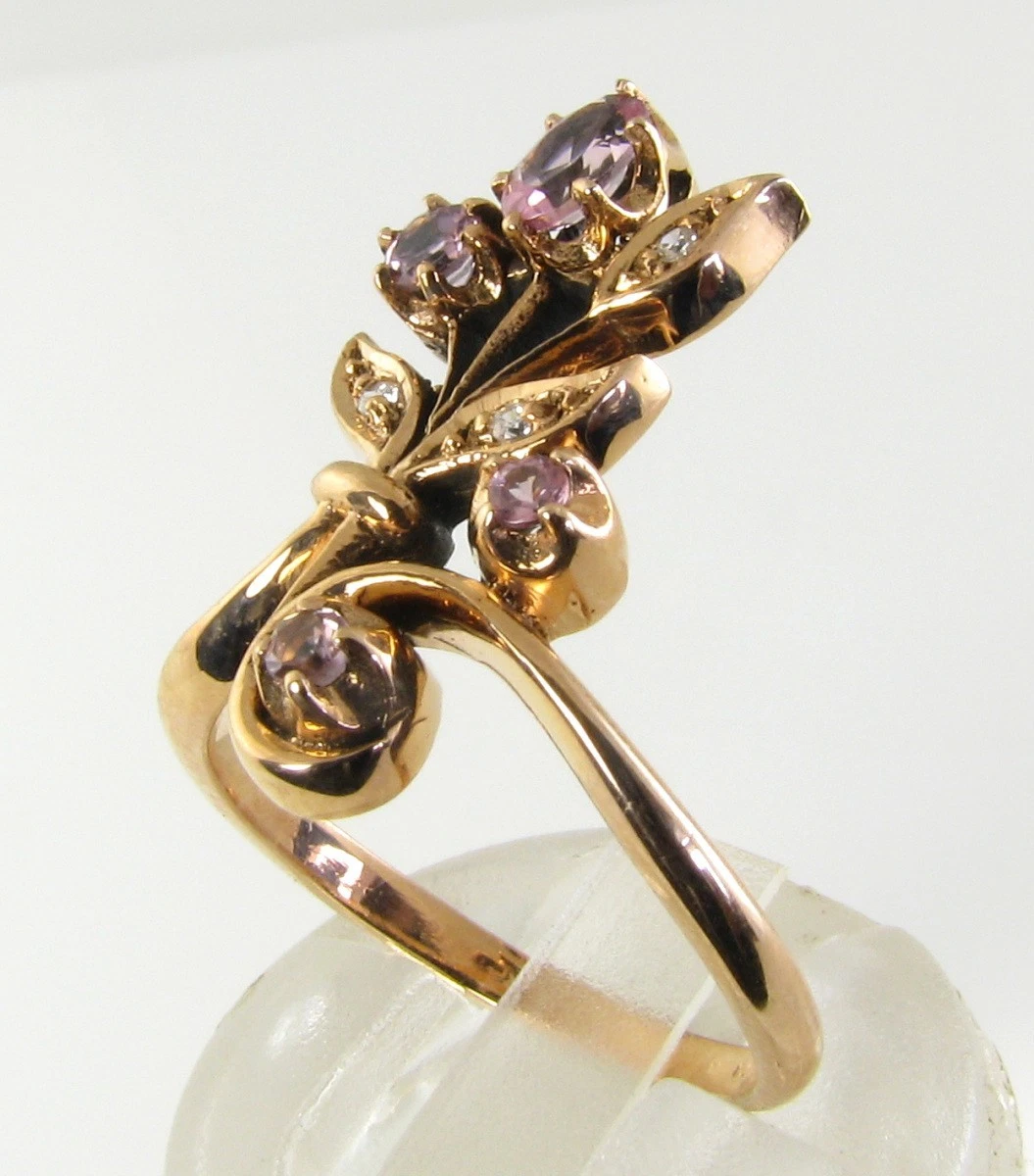 Anillo Floral Longe Cluster 9K 9CT Oro Rosa Con Diamante Y Turmalina Rosa