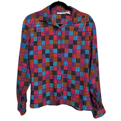 Vintage Robert Haik Paris Silk Blend Multicolor Check Blouse - Size 42 (US XL)