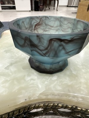 Vintage George Davidson Blue & Purple Veined Cloud Glass Bowl 12 Sided 3  H Read