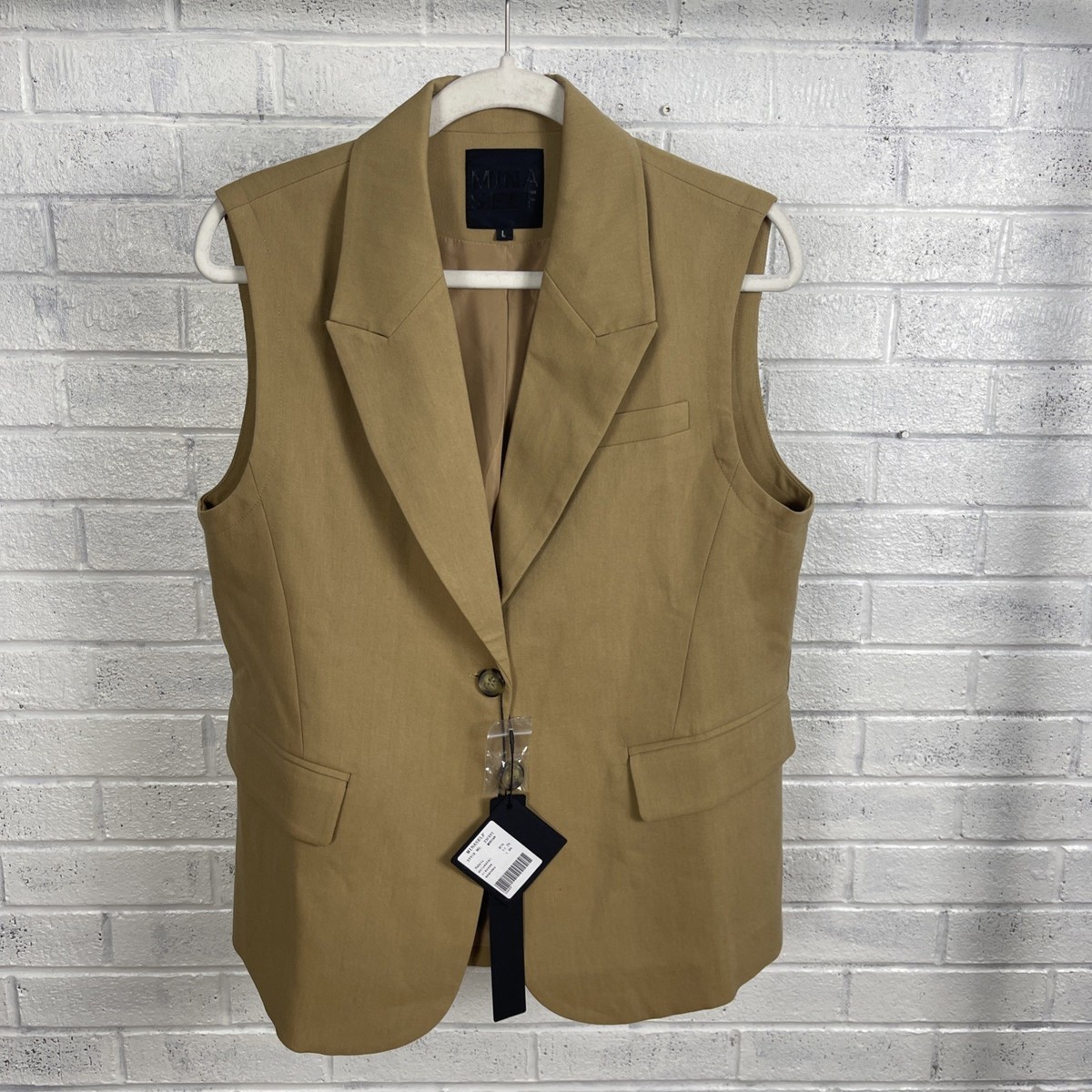 ＊mina＊ Mina Self Tailored Sleeveless Blazer Tan Womens Size L Minimalist