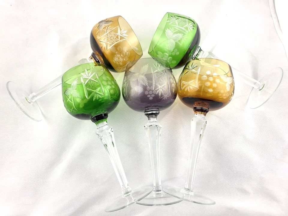 VINTAGE BOHEMIAN CUT-TO-CLEAR MULTICOLOR Crystal WINE GLASSES 8" - SET OF 5 - Image 4 of 4