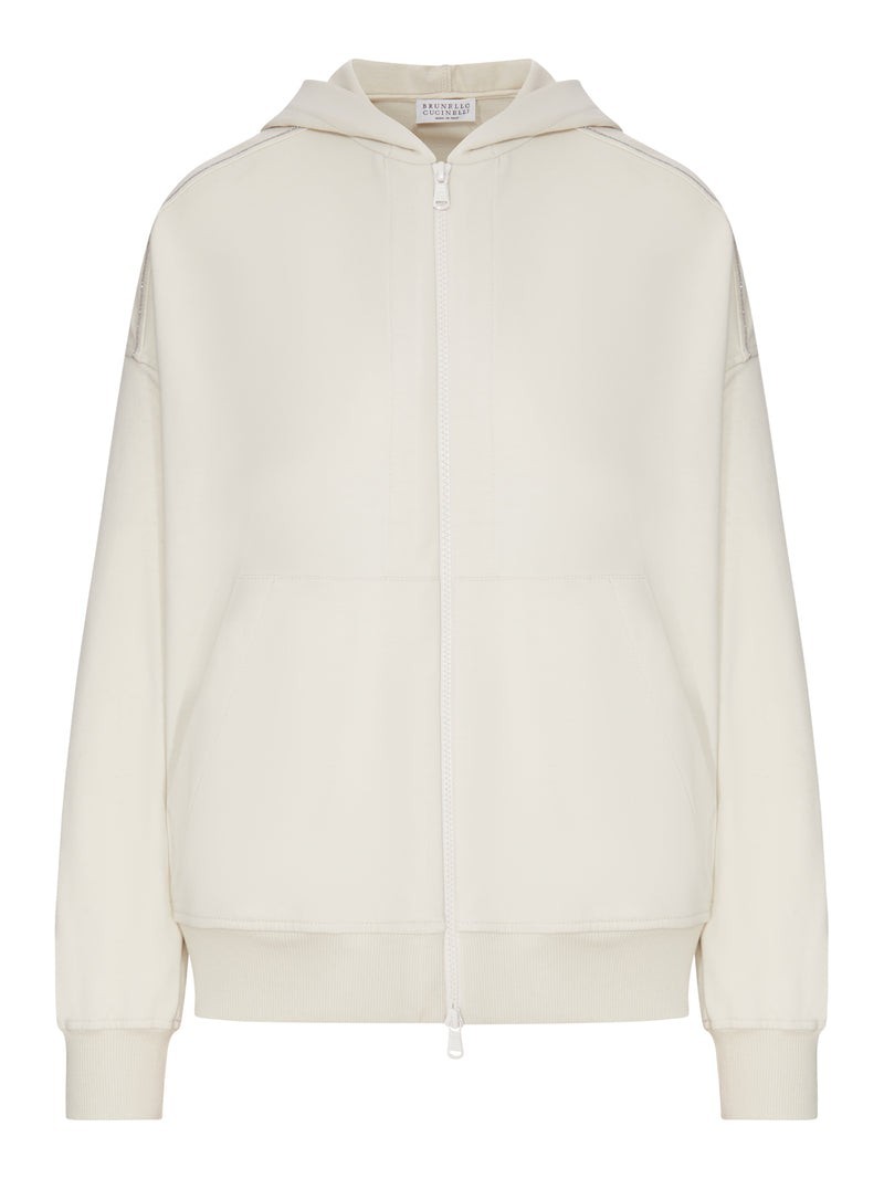 BRUNELLO CUCINELLI Milk Shiny Trim Zip-Up Cotton Hoodie New & Authentic