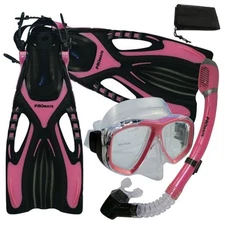 Women Lady Pink Snorkeling Dive Mask Dry Snorkel Fins Package Gear Set