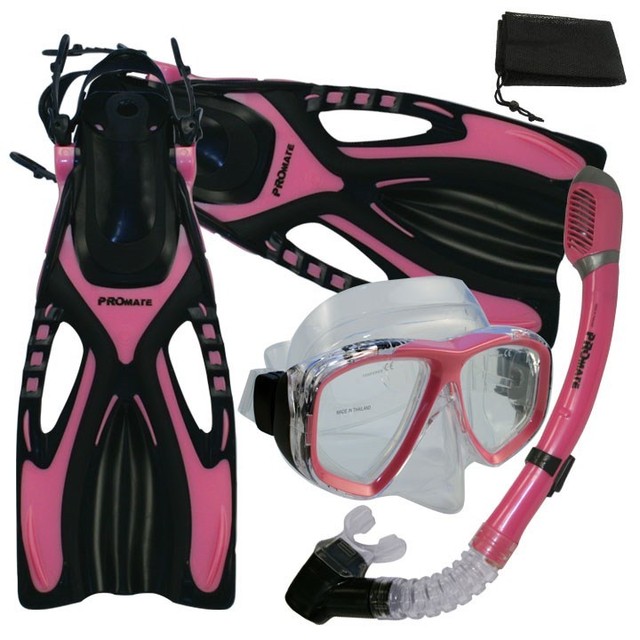 Women Lady Pink Snorkeling Dive Mask Dry Snorkel Fins Package Gear Set