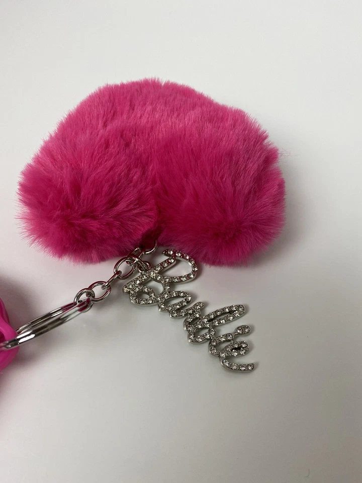 NWT Licensed Barbie™ Heart Keychain Faux Fur Hot Pink Silver Rhinestones - Image 3 of 4