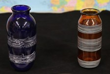 Hand Crafted Blown Glass Vases Set of 2 - Cobalt Amber with White Detail Work 