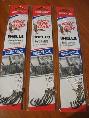 18 Snelled Eagle Claw 139 Bait Holder BaitHolder Fishing Hooks Size 1/0