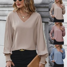 Women's Pleated Long Sleeve Blouse V Neck Casual Blouse Pullover Shirts Tops
