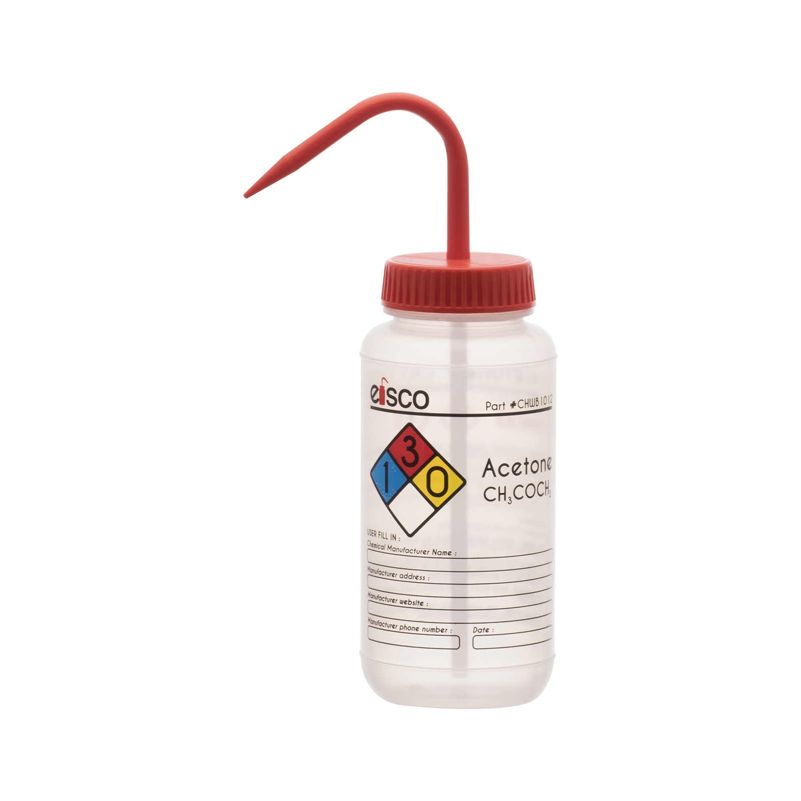 Acetone Wash Bottle, 500ml - Wide Mouth, Pre-Labeled - LDPE - Eisco Labs