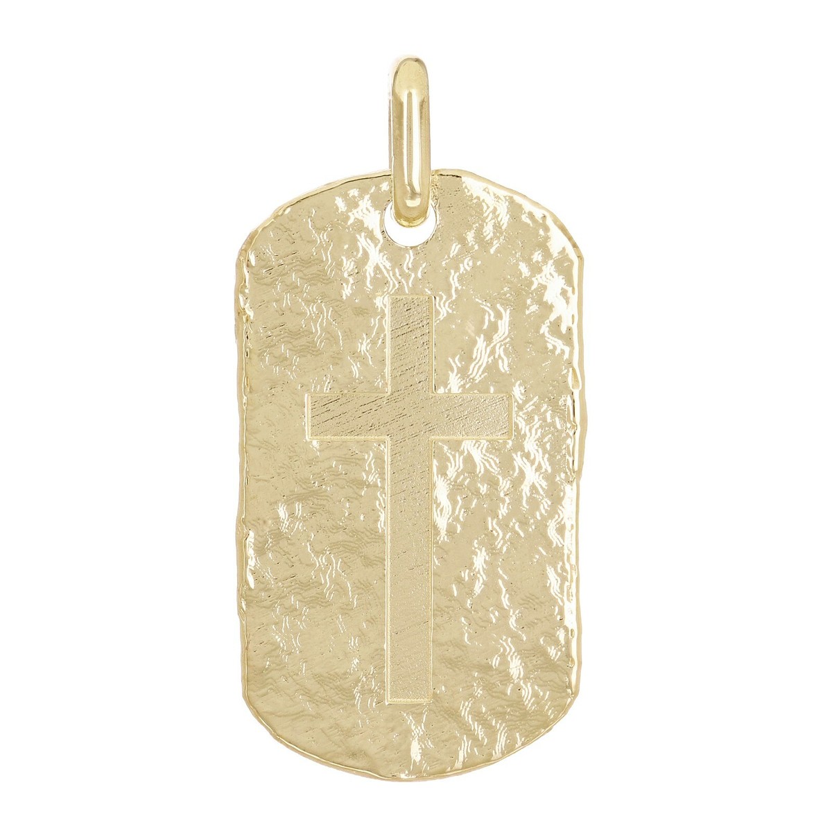 14k Yellow Gold Hammered Finish Dog Tag with Cross Charm Pendant