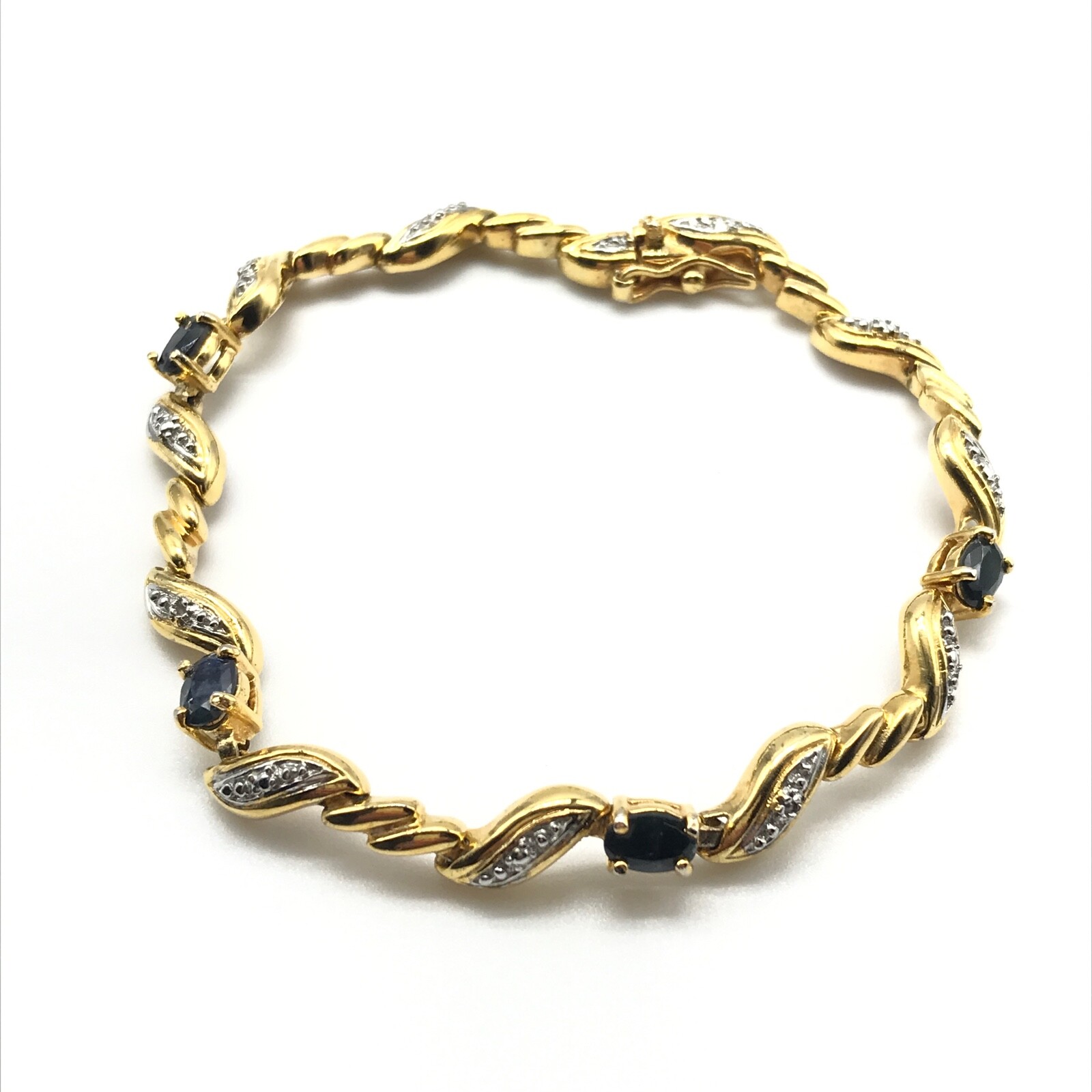 925 Sterling Silver Gold Vermeil Sapphire Diamond Accent Tennis Bracelet 7.5