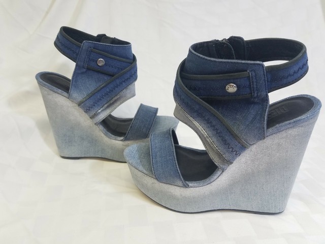 DIESEL FAME STRAPPY WEDGE DISTRESSED DENIM SANDALS, BLUE, SIZE 8, RETAIL $195 | eBay