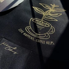 Coffee Art Barista Apron Black Cute Handmade Kitchen Bib Adjustable With Pockets