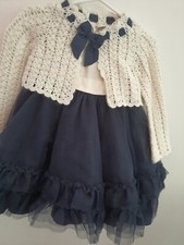 Janie and Jack Holidays Navy Silk tulle dress 12 M crochet cardigan Elegant SET