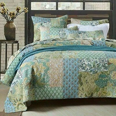 QUALITY COZY TROPICAL BLUE GREY TEAL AQUA BROWN GREEN COASTAL PALM LEAF BEACH QUILT SET
