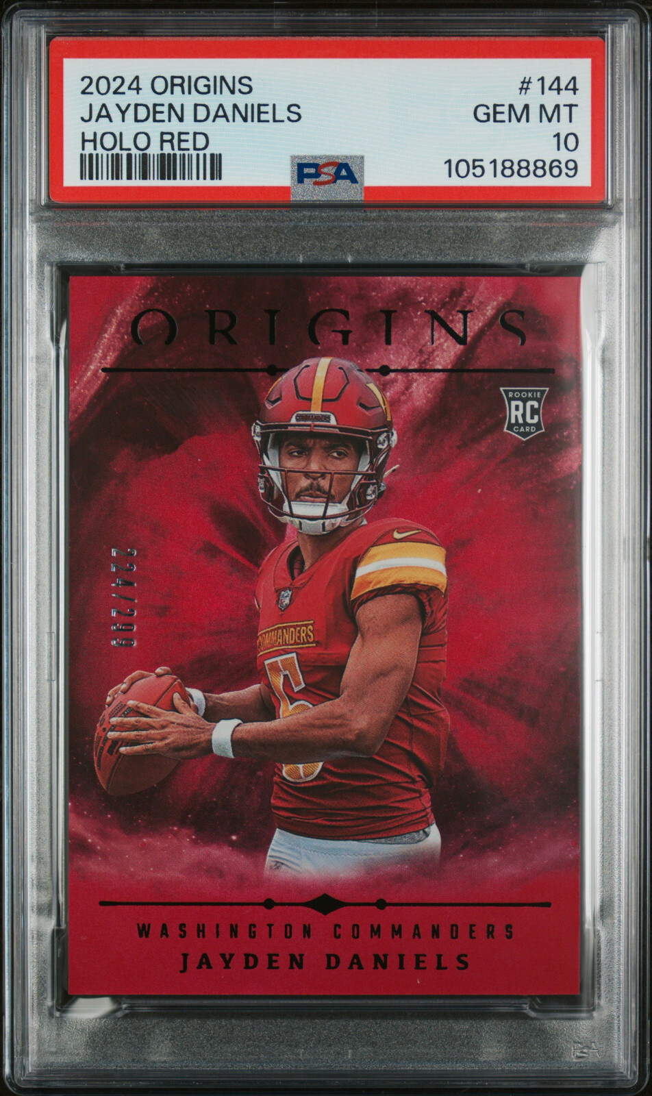 PSA 10 Jayden Daniels 2024 Panini Origins #144 Holo Red /299 Rookie Card RC