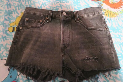 。。 Levi's Premium 501 Jean Shorts Trashed Black Cutoff Distressed