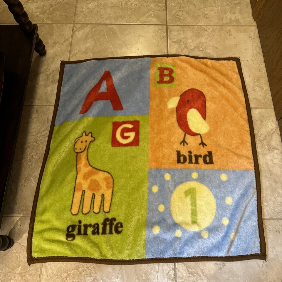 Cocalo Baby Blanket Bird Giraffe Fleece Blue Orange Green Brown Trim - Image 2 of 4