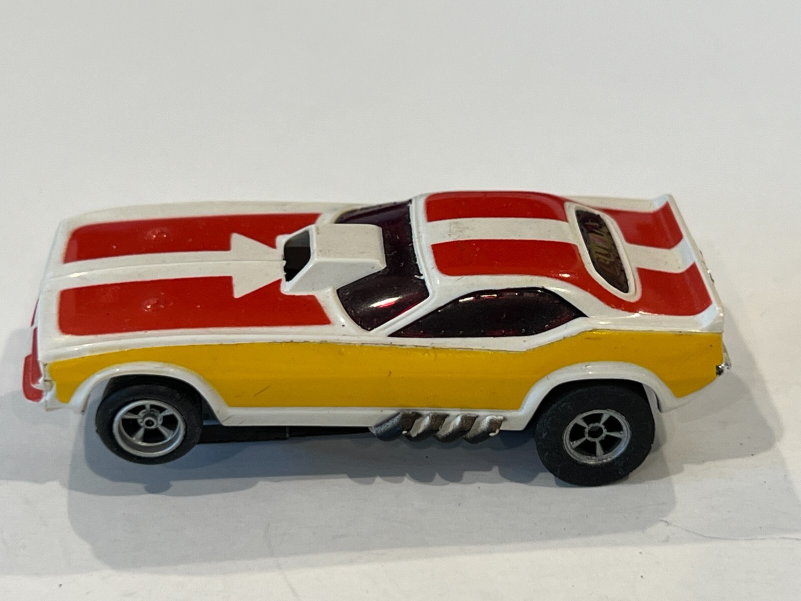 Aurora AFX Plymouth "Cuda" Funny Car, White/Red/Mustard Slot Car
