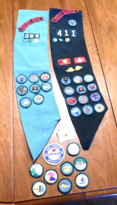 TWO VNTG 1950'S-60'S GIRL SCOUT SASHES WITH PINS AND PATCHES & A BAG W/EXTRAS