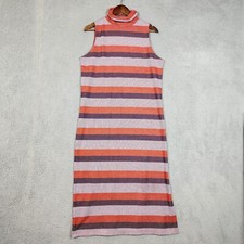 Loft Midi Dress Women's Medium Orange Gray Striped Turtleneck Sleeveless Casual