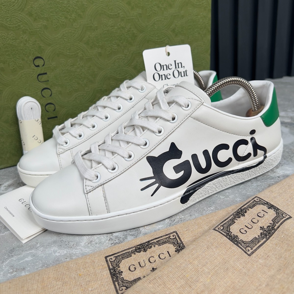 Gucci Ace Low Top Sneakers Cat Print White Leather 6 UK or 9 US or
