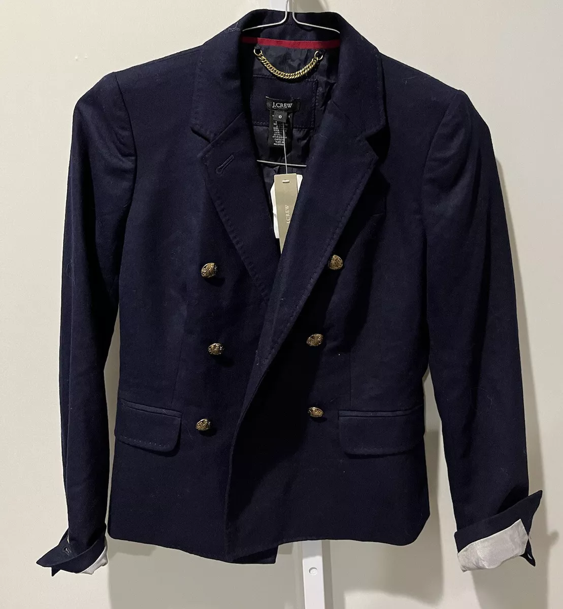 JCREW DOUBLE BREASTED BLAZER GOLD BUTTONS WOOL Sz 0 NAVY NWT 228
