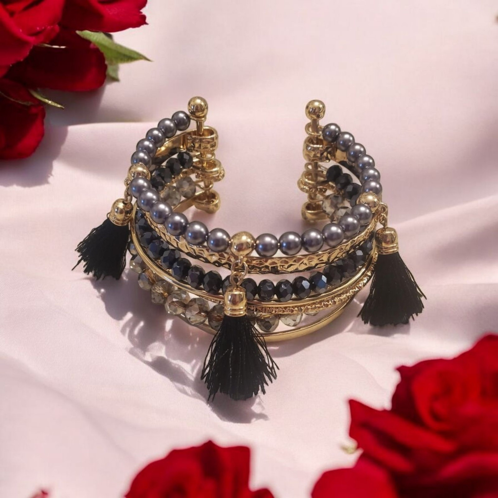 Beaded multiple layered bangle cuff bracelet gold… - image 1