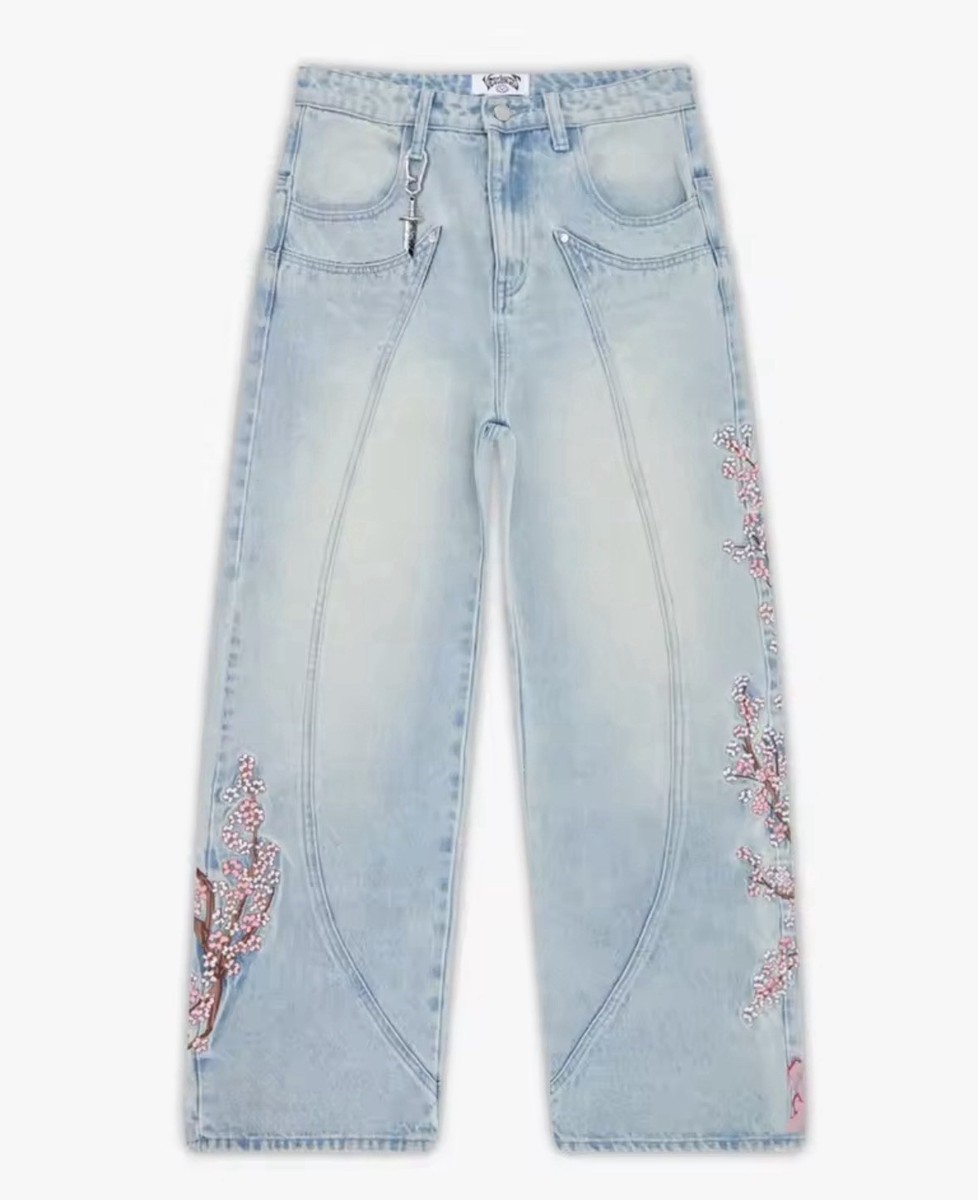 Y2K Cherry Blossom Knight Embroidered Jeans – Street Retro Wide