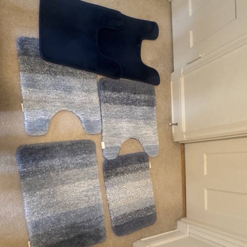 Blue and Gray Striped Bath Mat and Contour Rug Set, 5 Pieces, Anti-Slip